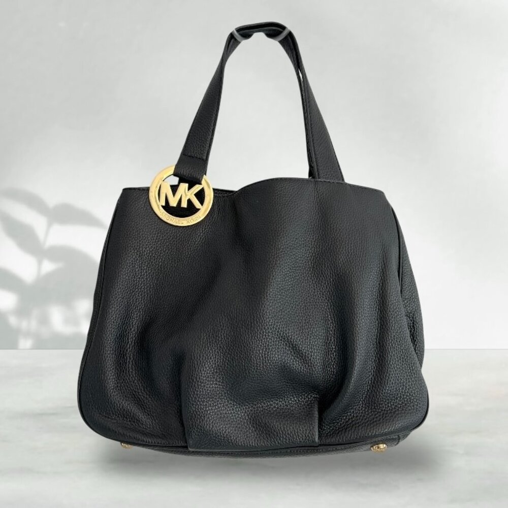 Michael Kors Fulton Hobo Handbag Purse Black Pebble Leather Large 13x11 MINT